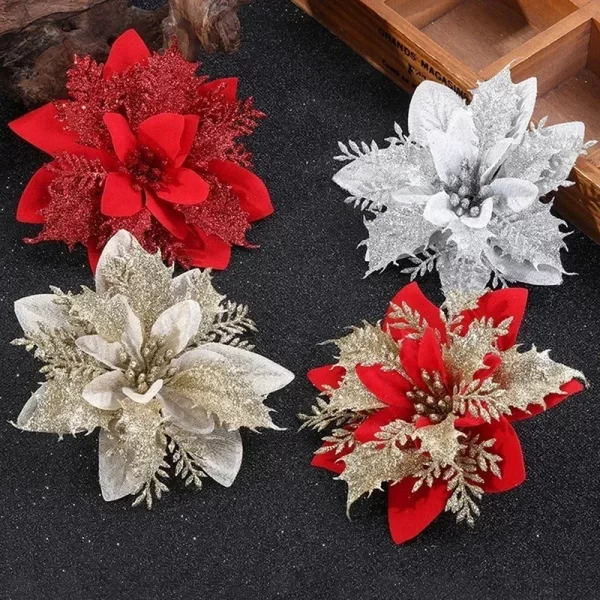 10pcs 14cm Glitter Artificial Christmas Flowers Christmas Tree Ornaments Merry Christmas Home Decorations New Year Gifts