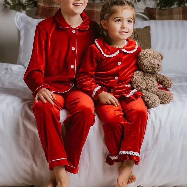 2024 Christmas Kids Costume Red Velvet Long Sleeve Pyjamas Sets Family Match Toddler Boy Girl Robes Dress Suit Xmas Gift Clothes - Image 5