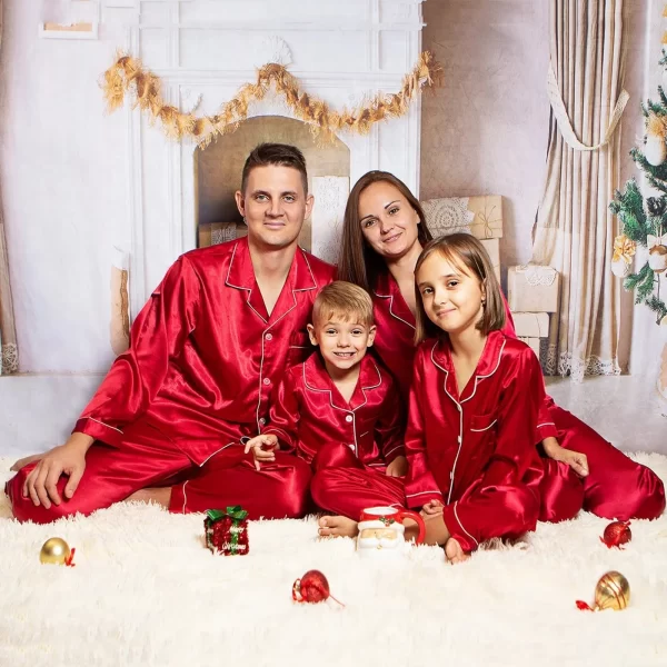 Silk Family Christmas Pajamas Sleepwear Satin Tops+Pants 2pcs Nightwear Pajamas Loungewear Solid Matching Suits For The Family - Image 2