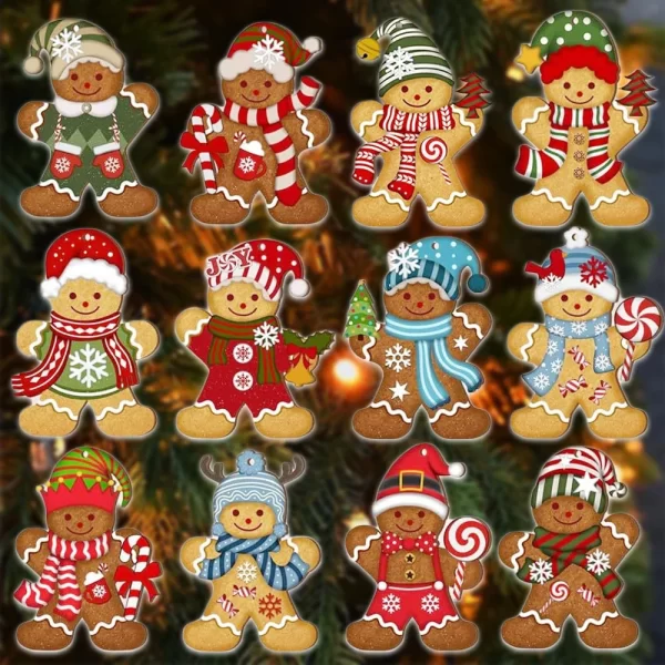 12pcs/set Gingerbread Man Ornaments Christmas Tree Wooden Hanging Decorations Pendants Cute Cartoon Xmas DIY Hangings Home Decor