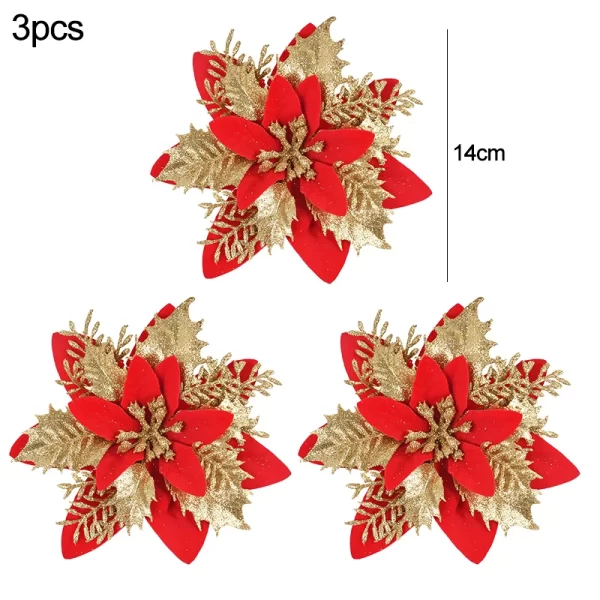 3/10pcs 14cm Christmas Flowers Glitter Red Gold Flower Head Xmas Tree Ornament New Year Decorations for Home Navidad Noel Gifts - Image 3