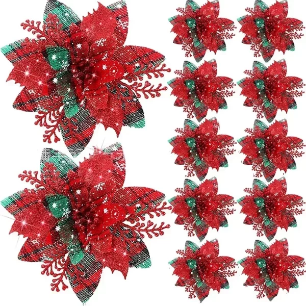 5pcs 14.5cm Glitter Artifical Christmas Flowers Mreey Christmas Tree Decoration Happy New Year Ornaments Xmas Fake Flowers natal - Image 5