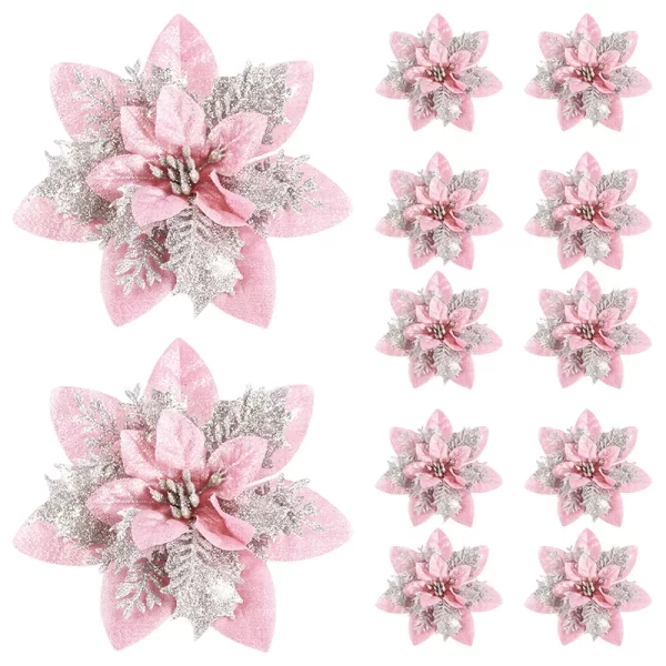 5/10Pcs Glitter Pink Christmas Flowers Xmas Tree 14cm Artifical Flower Ornaments 2024 Christmas Decoration For Home New Year