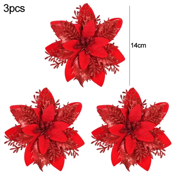 3Pcs 14cm Christmas Flowers Glitter Artificial Red Gold Flower Head Berry DIY Xmas Tree Ornament Decorations for Home New Year - Image 5