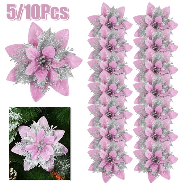 5/10Pc 14cm Large Glitter Christmas Flower For Xmas Tree Hanging Ornament Merry Christmas Decoration Home Decor New Year Navidad