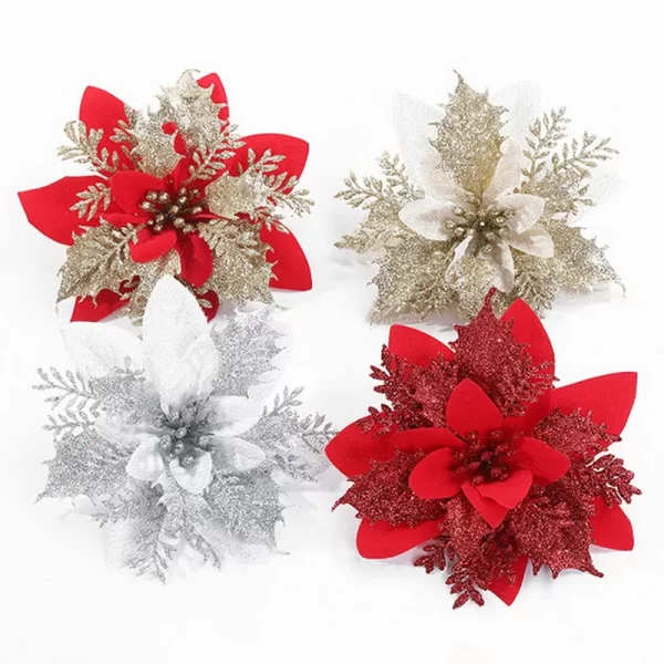 10/5/1Pcs Christmas Flowers Red Glitter Powder Flower Heads For Noel Home Tree Ornaments Navidad Party Table Setting Supplies - Image 2