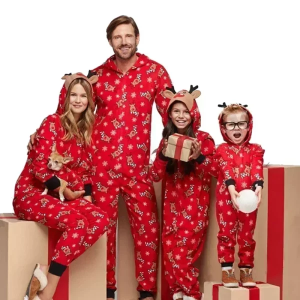 Christmas Matching Outfits for Family Elk Ear Hooded One-Piece Jumpsuit Romper Adults Kids Clothing Set Pajamas Xmas Look Pyjama - Image 2