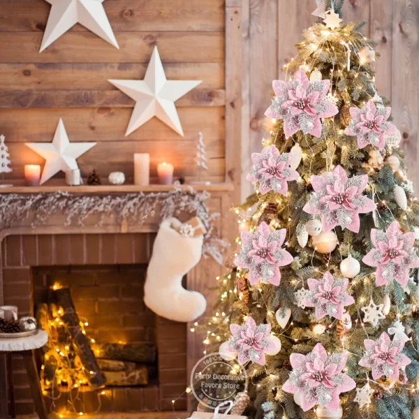 5/10Pcs Glitter Pink Christmas Flowers Xmas Tree 14cm Artifical Flower Ornaments 2024 Christmas Decoration For Home New Year - Image 5