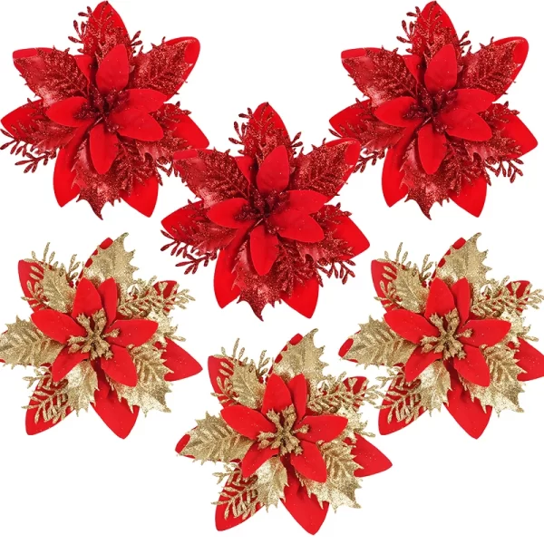 3/10pcs 14cm Christmas Flowers Glitter Red Gold Flower Head Xmas Tree Ornament New Year Decorations for Home Navidad Noel Gifts