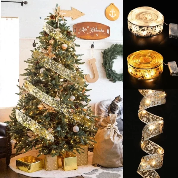 Christmas Decoration LED Ribbon Lights Christmas Tree Ornaments DIY Lace Bows String Light Navidad Home Decoration New Year 2023 - Image 2