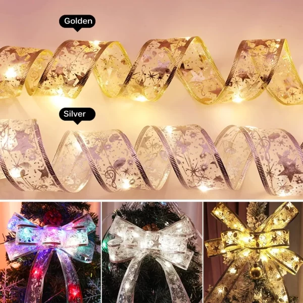 Christmas Ribbon Fairy Light Christmas Decoration DIY Bows String Light Tree Ornaments For Home 2023 Xmas Decor New Year Navidad - Image 3