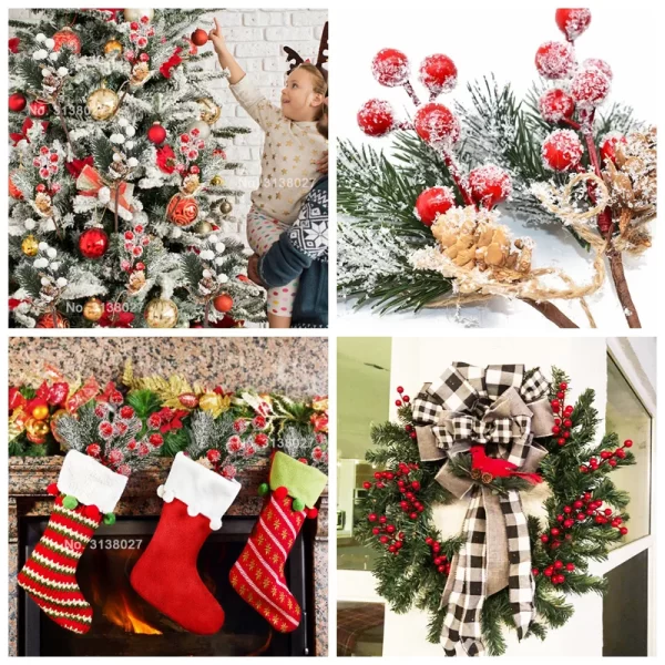5Pcs Christmas Red Berry Articifial Flower Pine Cone Branch Christmas Tree Decorations Ornament Gift Packaging Home DIY Wreath - Image 6