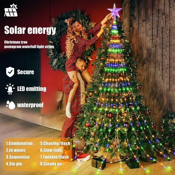 Pentagram Waterproof String Light Solar Christmas Decorations 3M/2M Led Waterfall Tree Fairy Lamp 8 Modes Camping Holiday Lights - Image 3