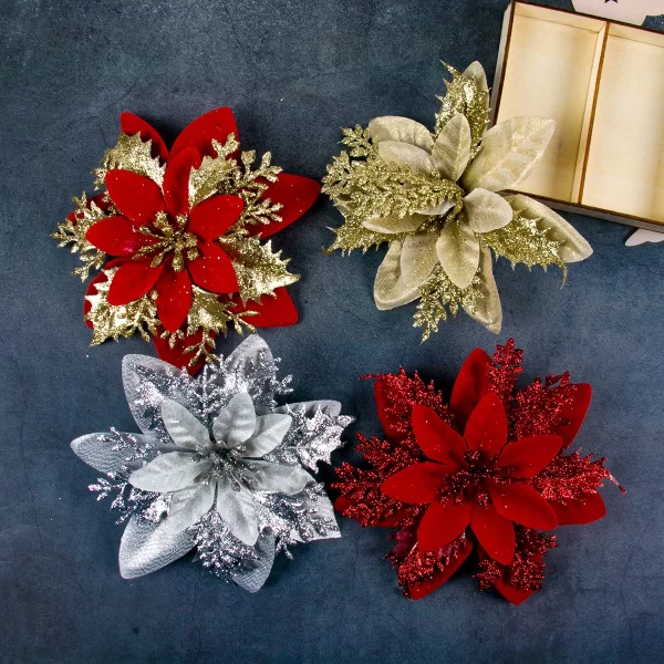 10/5pcs 15cm Glitter Christmas Flowers Artificial Poinsettia Flower Head Xmas Tree Ornament Home Decoration Navidad new year - Image 2