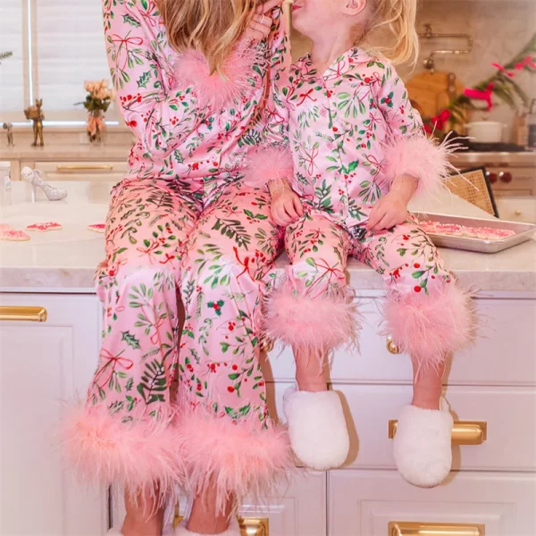 Xingqing Christmas Family Matching Pajamas Set Floral Print Long Sleeve Tops and Pants with Feather Trim Sleepwear Loungewear - Image 2