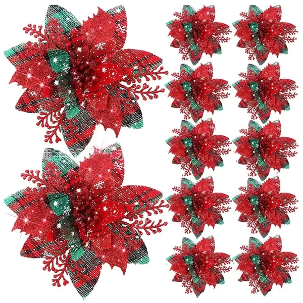 5/10Pcs Glitter Pink Christmas Flowers Xmas Tree 14cm Artifical Flower Ornaments 2024 Christmas Decoration For Home New Year - Image 2