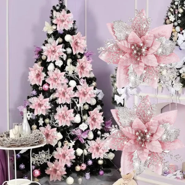 5/10Pcs Glitter Artifical Christmas Flowers Merry Christmas Tree Decoration Happy New Year Ornaments Xmas Fake Flowers Gifts