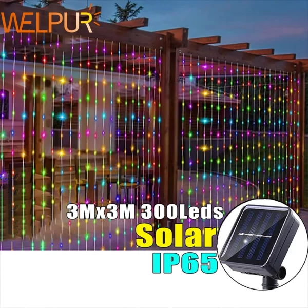 Solar Curtain String Lights 8 Lighting Modes 300Leds Outdoor Garden Yard Decoration Fairy Lights Christmas Holiday Lighting