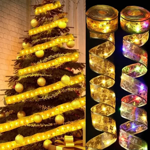 Christmas Led Ribbon Fairy Lights Xma Tree Ornaments Decoration For Home 2024 DIY Bows Light String Navidad New Year