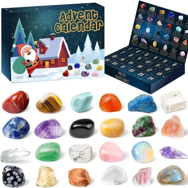 Christmas Advent Calendar Natural Crystal Gemstones Collection Box 24 Days Countdown Calendar Crystal Stone Gift Box for Kids