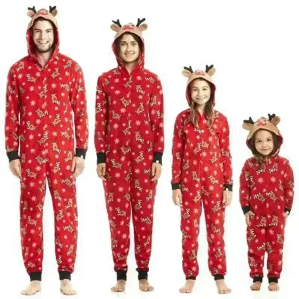 Christmas Matching Outfits for Family Elk Ear Hooded One-Piece Jumpsuit Romper Adults Kids Clothing Set Pajamas Xmas Look Pyjama