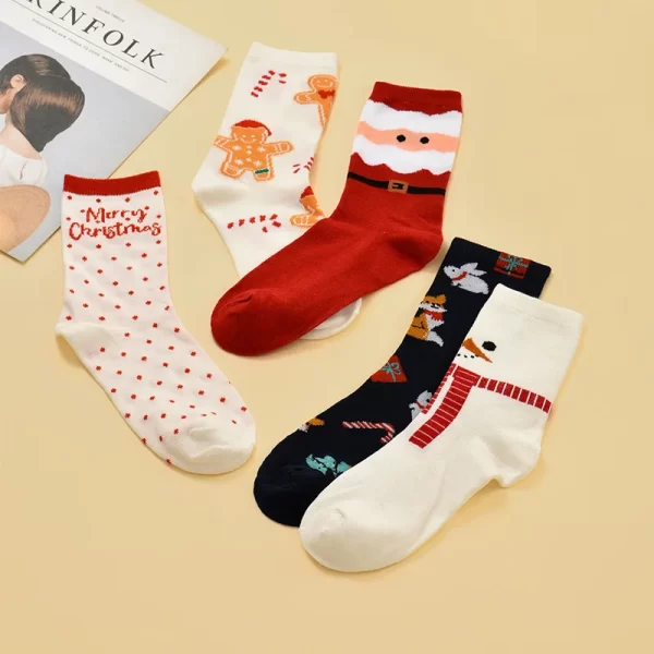 5 Pairs 1 Lot Autumn Winter Ladies Sock Cotton Cartoon New Year Christmas Socks Elk Middle Tube Girls Christmas Gift Warm Cute - Image 2