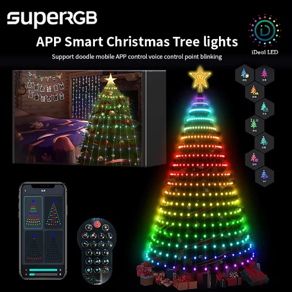 Smart Christmas Tree Toppers Lights App DIY Picture LED RGB String Light Bluetooth Control LED Star String Waterfall Xmas