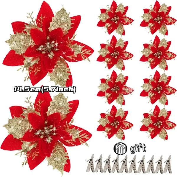 10/5/1pcs 14.5cm Glitter Artifical Christmas Flowers Christmas Tree Decoration Happy New Year Ornaments Xmas Fake Flowers natal - Image 6