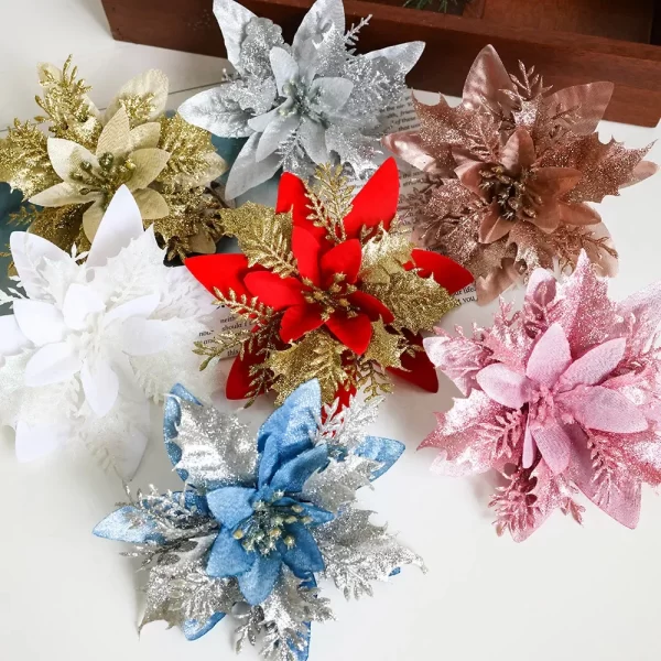 10pcs 14cm Glitter Artificial Christmas Flowers Christmas Tree Ornaments Merry Christmas Home Decorations New Year Gifts - Image 2