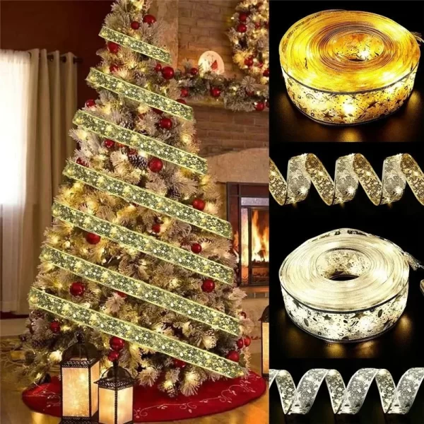 Christmas Decoration LED Ribbon Fairy Lights Christmas Tree Ornaments for Home 2024 DIY Bows Light String Navidad New Year 2025 - Image 3